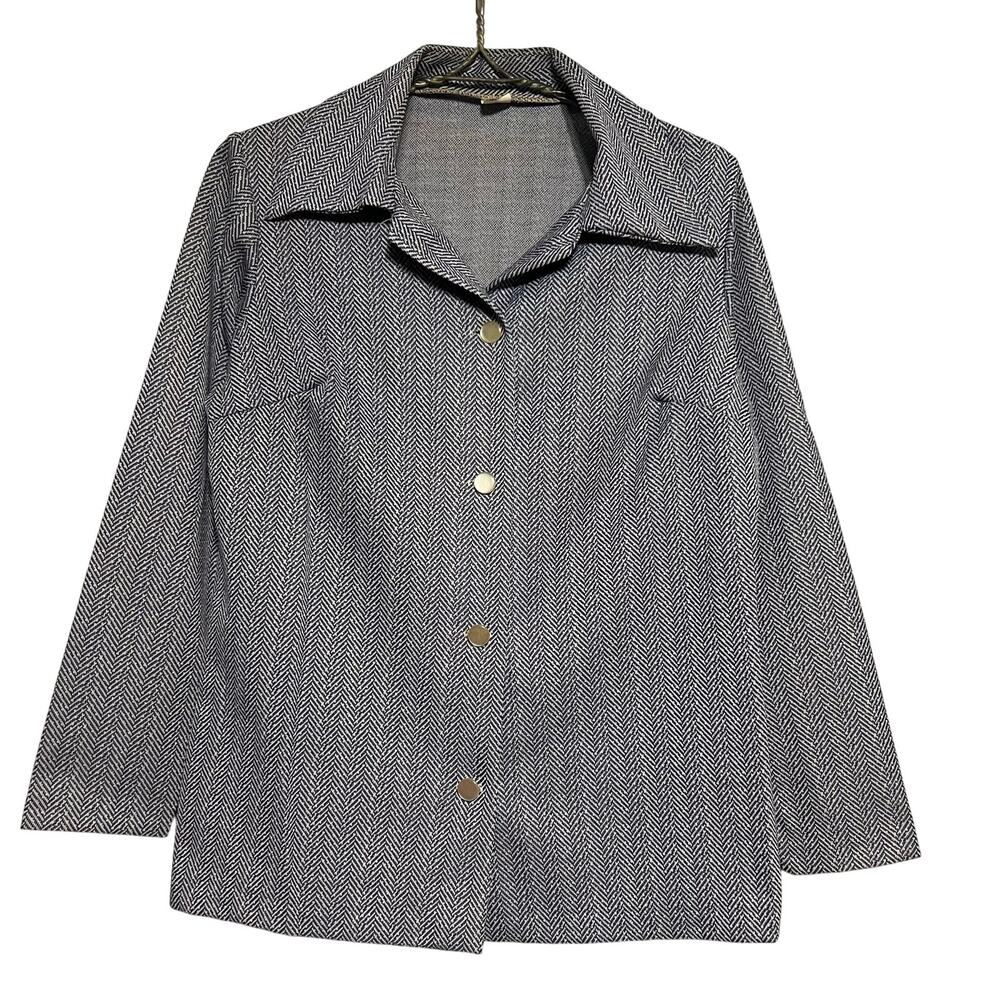 Vintage 70s Size Large Blue Herringbone Polyester Dart Collar Button Blouse Top